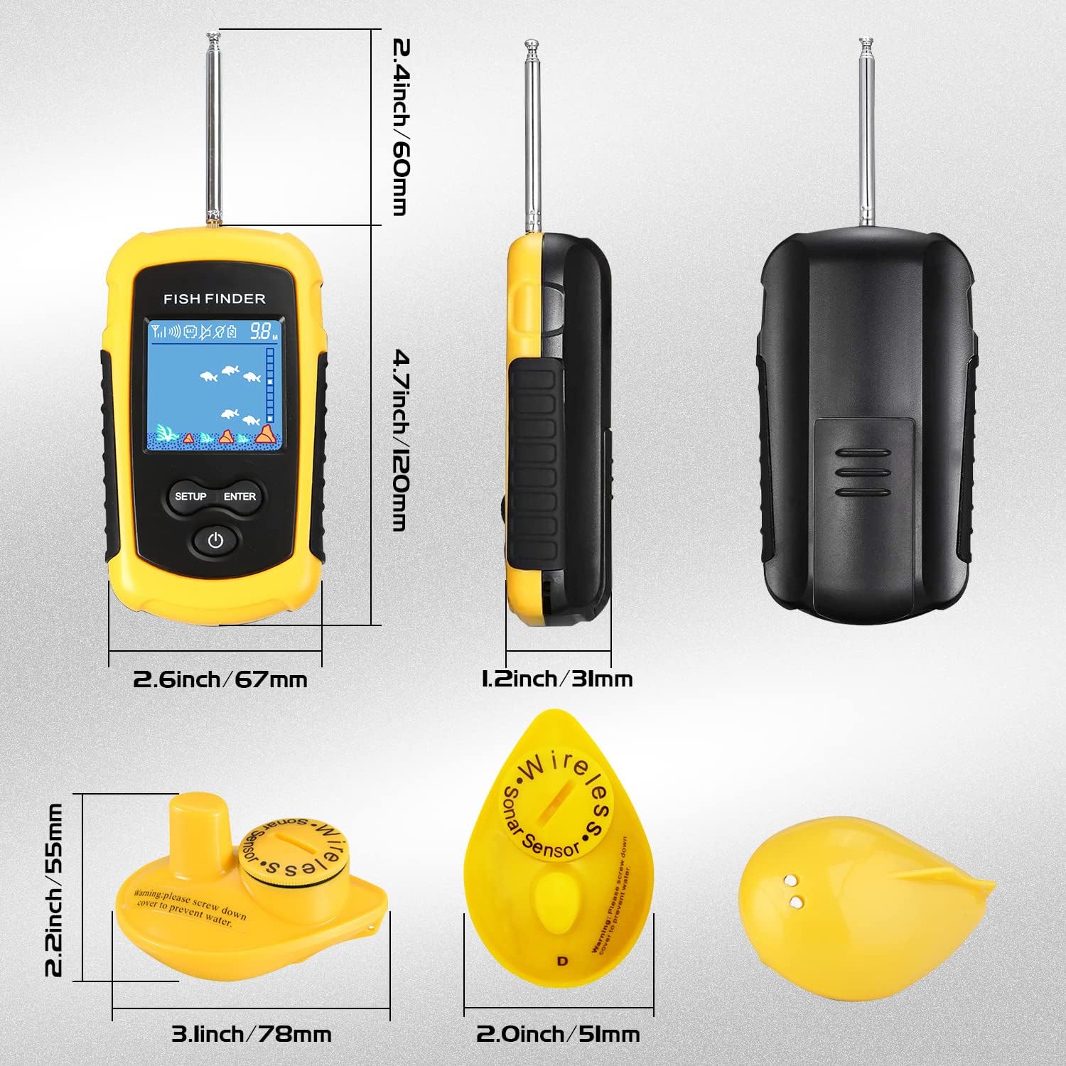 Atibin Castable Kayak Depth Finder Fishing Wireless Portable Fishing Finder Transducer Canoe Shore Fish Finder Sonar Detector Handheld Lake Sea Pack
