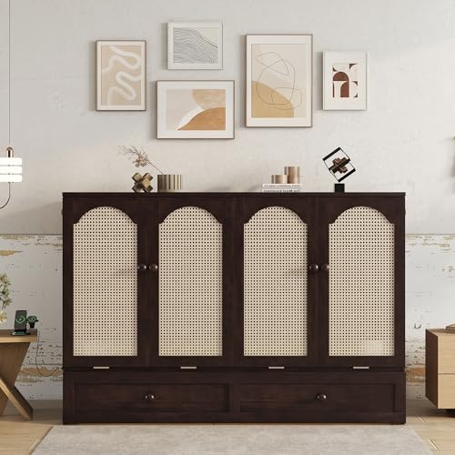KEIKI Queen Murphy Bed Cabinet with Charging Station & Rattan Design – Space-Saving Wall Bed with Large Storage Drawer
