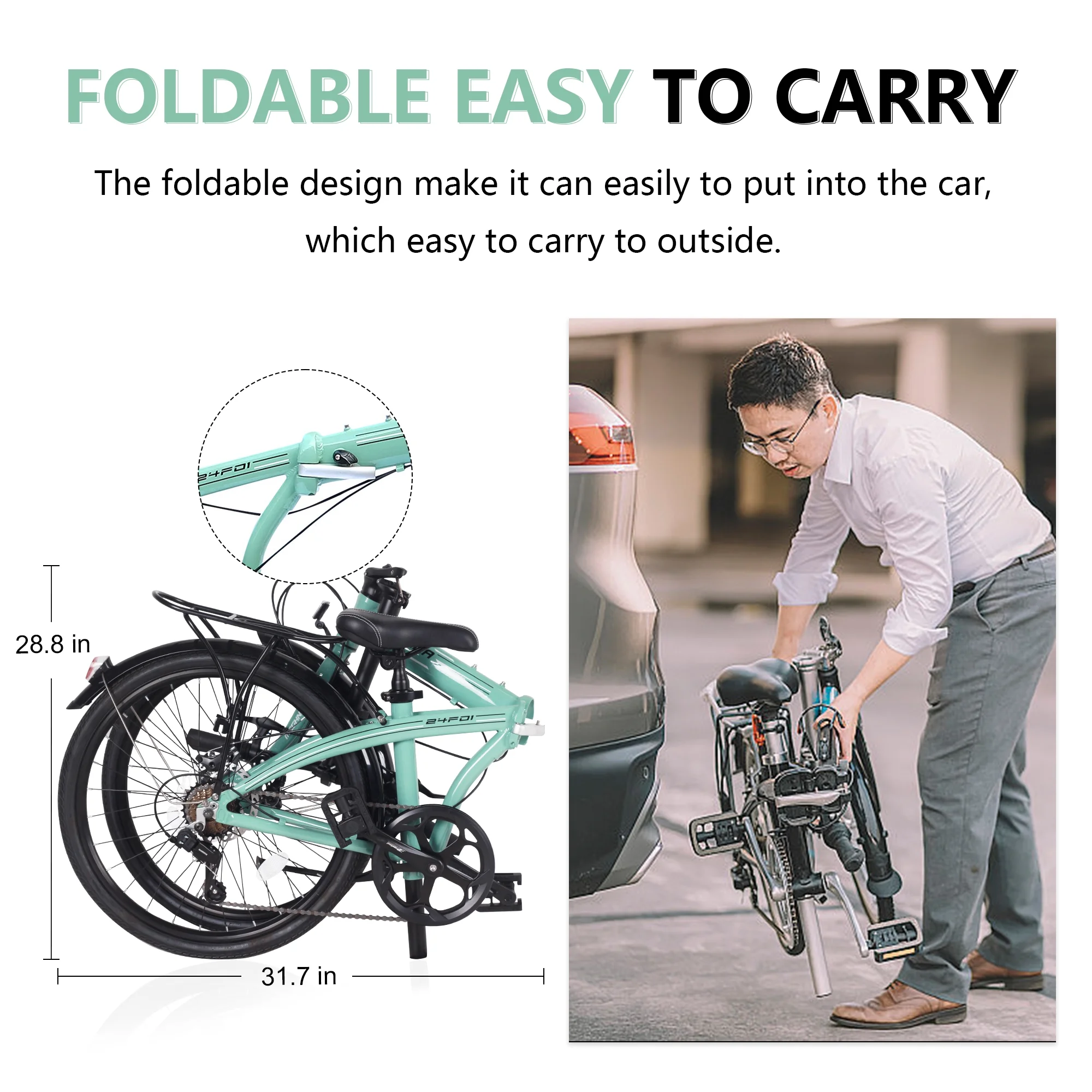 Zukka Foldable Bike 24 inch City Commuter Bicycle for Men Women Green 7 Speed