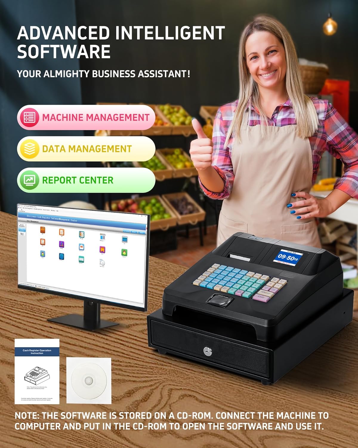 Cash Register for Small Businesses with Cash Drawer& Built-In Receipt Printer, Electronic Cash Registers with Dual Display for Cashier and Customer