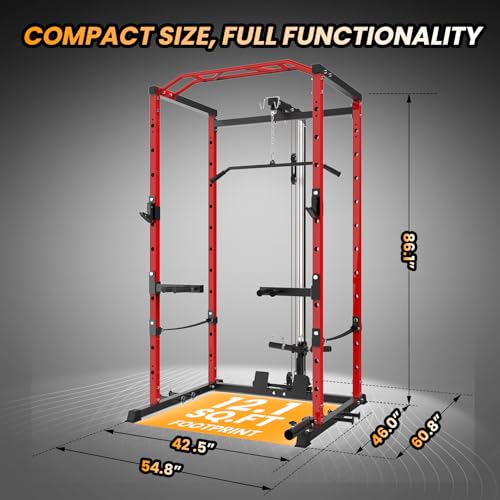 Power Cage with LAT Pulldown, Multi-Functional Power Rack with Cable Pulley System and J-Hooks, Squat Rack with Dip Bars and Landmine Attachment