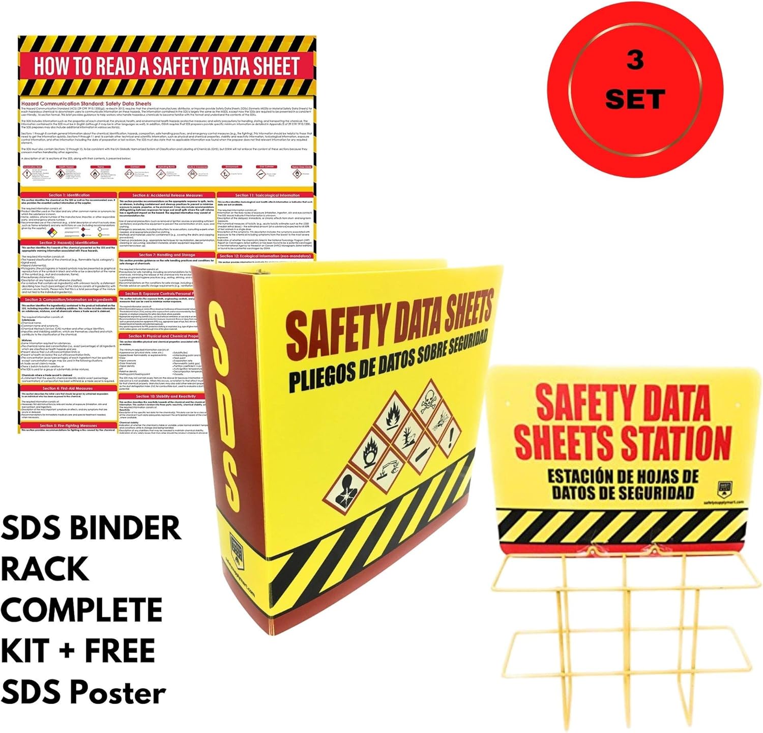SDS Display Rack -Set with 3 Inch Heavy Duty Ring Binder, Wire Rack, SDS Station Sign, Chain, Mounting Hardware, SDS Poster Included