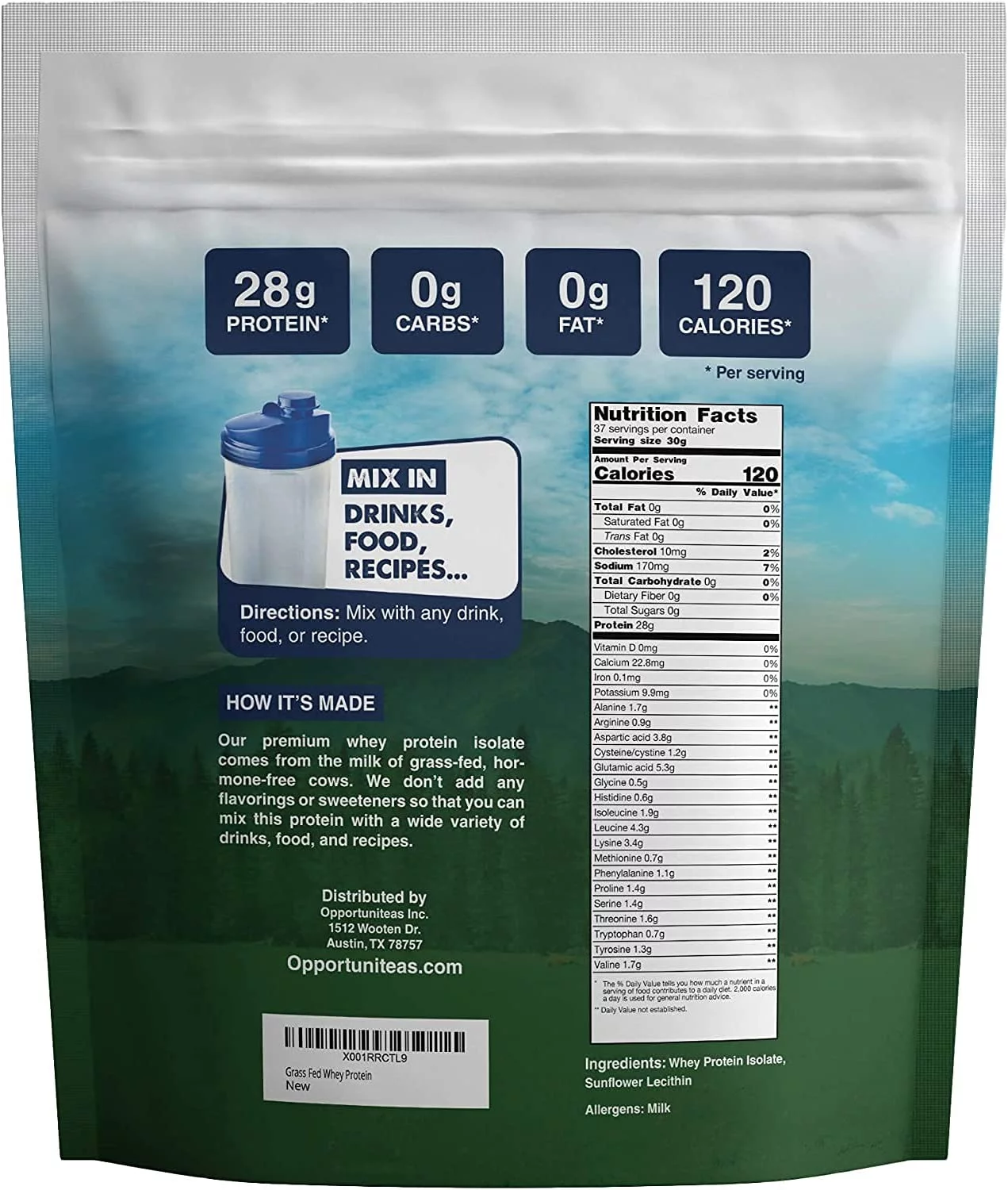Opportuniteas Whey Protein Powder Grass Fed Whey Isolate Unflavored Protein Mix for Shakes and Baking 5 lbs