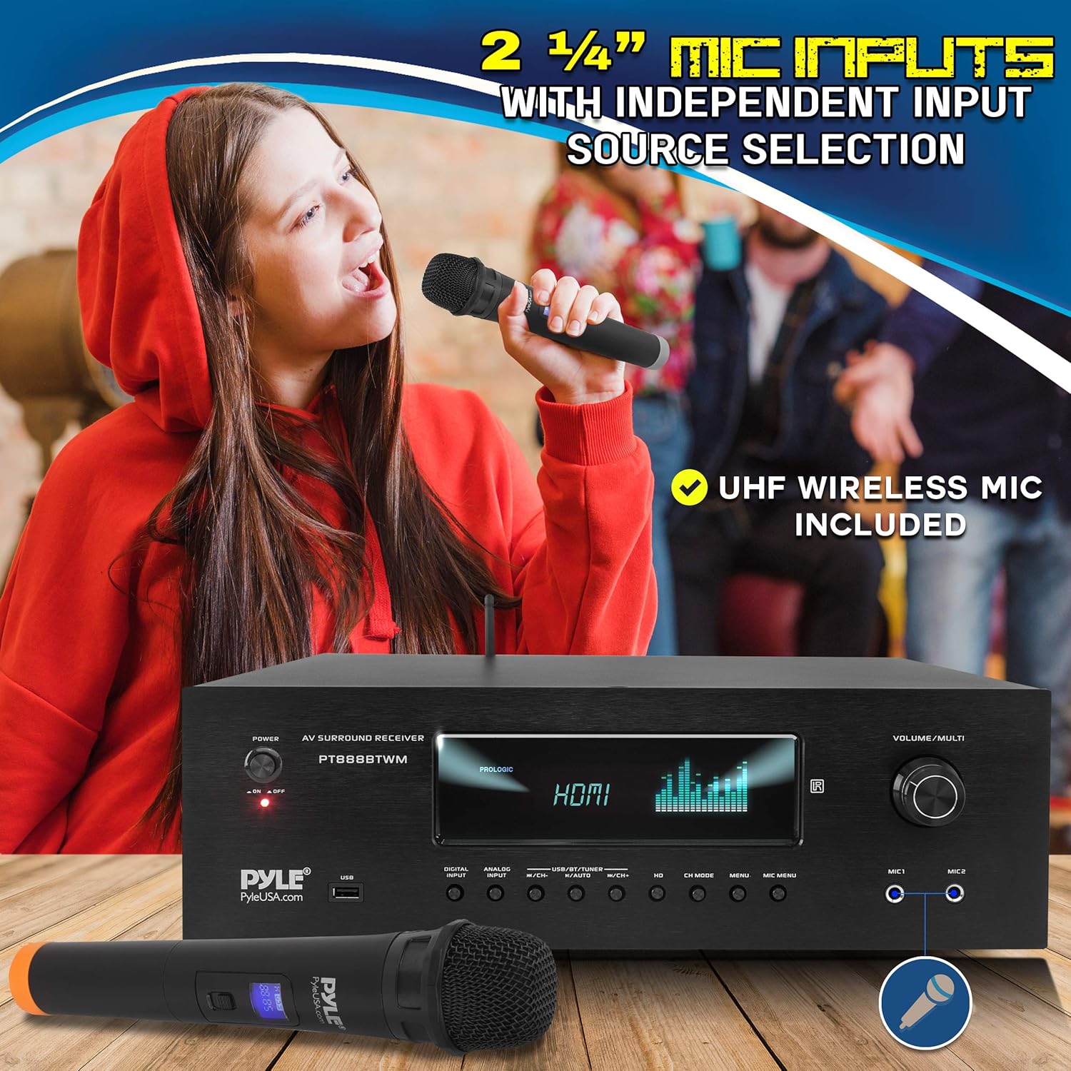 1000W Bluetooth Home Theater Karaoke Receiver - 5.2-Ch Stereo Amplifier 2 UHF Wireless Microphone Video Pass-Through Supports