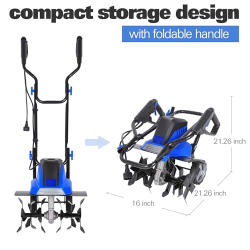 Electric Tiller Cultivator 16 inch, 13.5 Amp 6 Steel Tines Corded Tiller for Gardening with Foldable Handle, Garden Rototiller with Adjustble Wheels