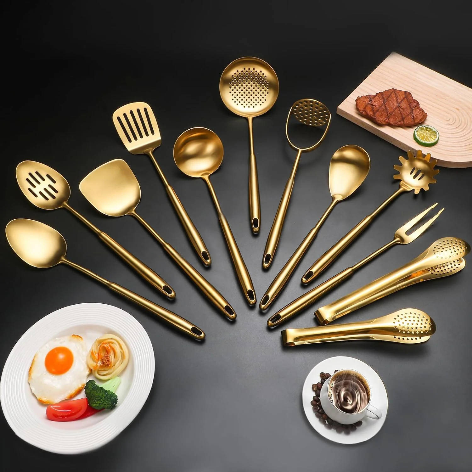 304 Stainless Steel Cooking Utensils,6 Pcs Kitchen Cooking Utensils Set with Spatula, Solid Spoon, Ladle, Skimmer, Spaghetti Spoon