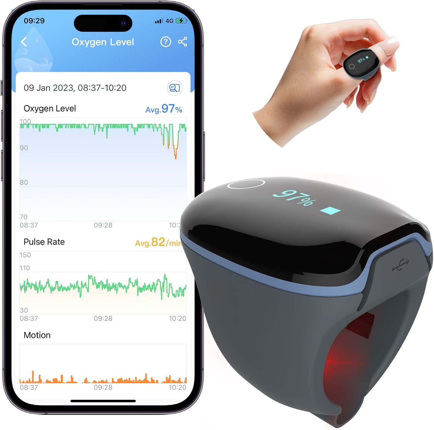 Wellue O2Ring Pulse Oximter, Bluetooth SPO2 Blood Oxygen Saturation Monitor - Wearable O2 Ring Sensor with Vibration Reminder, Free APP & PC Report