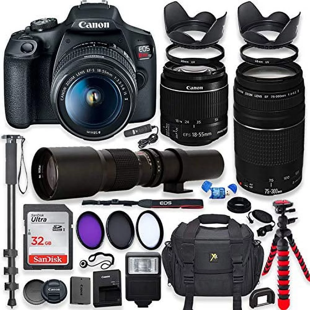 Canon EOS Rebel T7 DSLR Camera with 18-55mm is II Lens Bundle + Canon EF 75-300mm f/4-5.6 III Lens and 500mm Preset Lens + 32GB Memory + Filters +