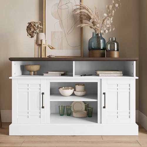 BELLEZE Modern 48" Farmhouse Wood TV Stand & Media Entertainment Center Console Table for TVs up to 50 Inch with Open Storage Shelves & Cabinets