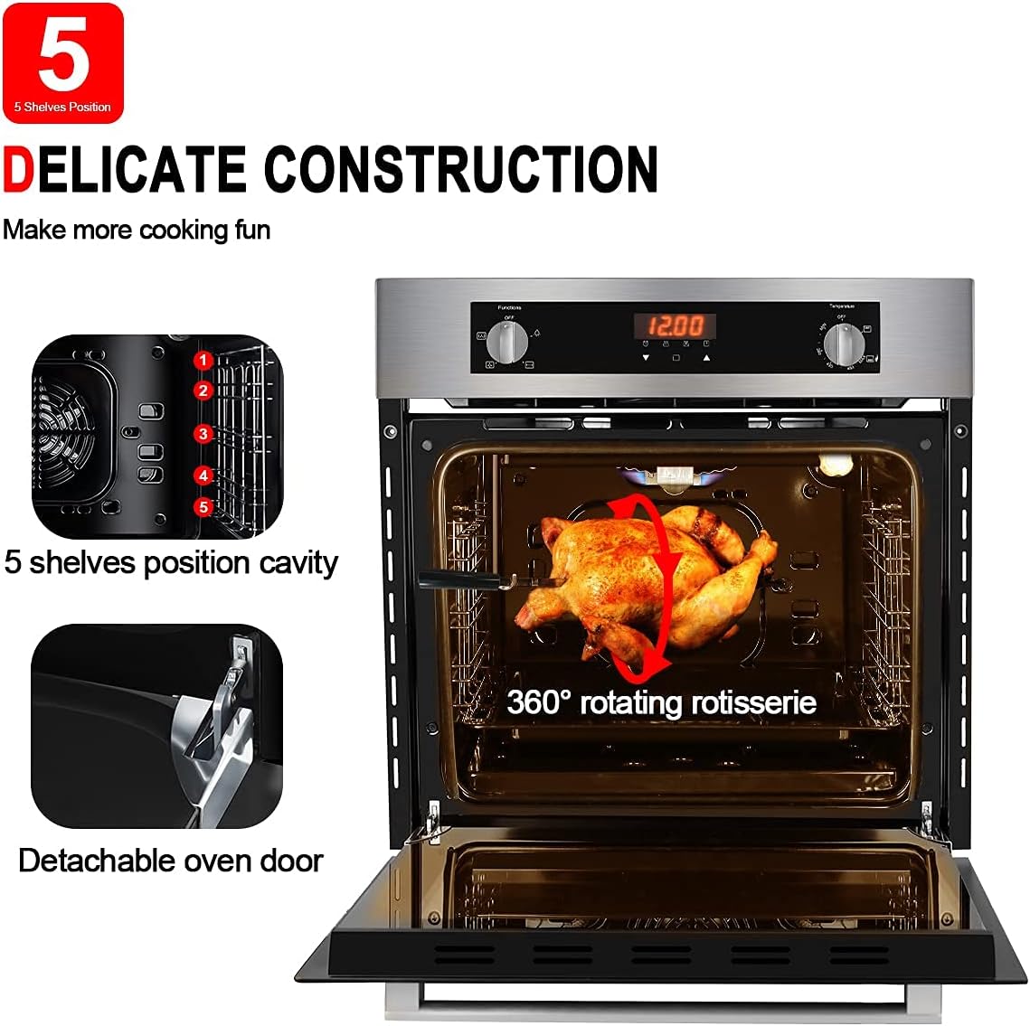 Single Wall Oven, GASLAND Chef GS606DS 24 Built-in Natural Gas Oven, 6 Cooking Functions Convection Gas Wall Oven with Rotisserie