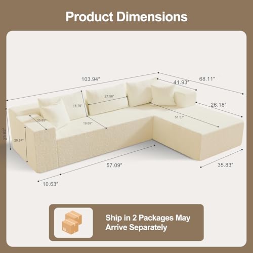 104" Sectional Couches for Living Room, Modular Sectional Sofa with Deep Seat, L-Shape Couch with Chaise, Cloud Couch for Living Room Bedroom