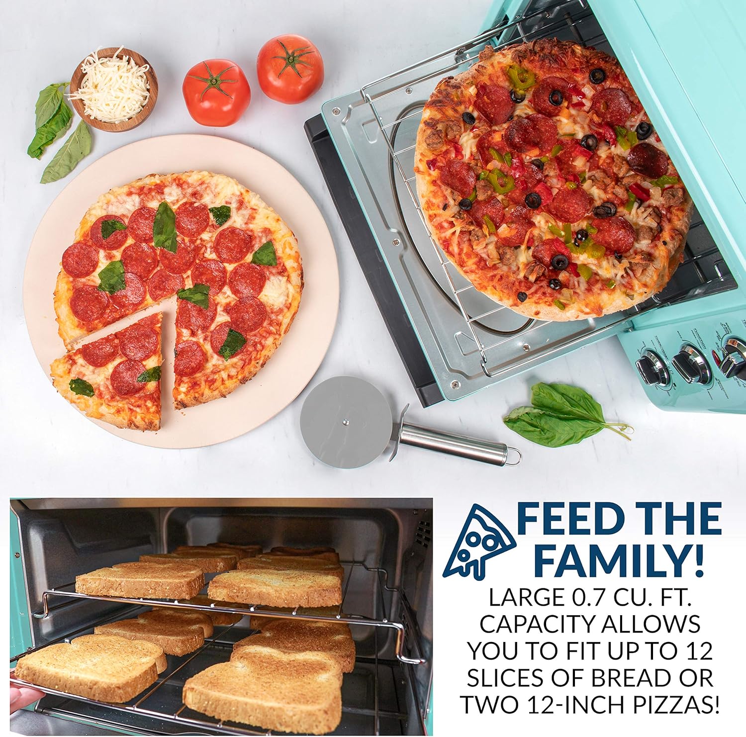 Nostalgia RTOV2AQ Large-Capacity 0.7-Cu. Ft. Capacity Multi-Functioning Retro Convection Toaster Oven, Fits 12 Slices of Bread and 2-12-Inch Pizzas