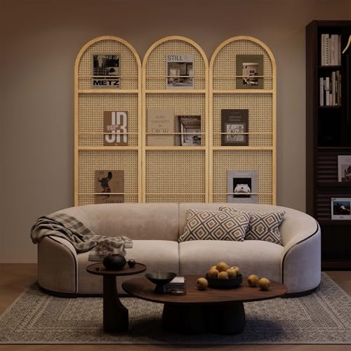 Room Divider and Folding Privacy Screens, Pine Wood 5.6 Ft Double Hinged Rattan Partition Freestanding Wall Room Divider for Home - 3 Panels