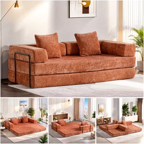 Convertible Floor Sofa Bed, Foldable Mattress Cloud Couch with Pillow Back & Armrest, Chenille Sleeper Sofa Bed with Fixed-Shape Frame