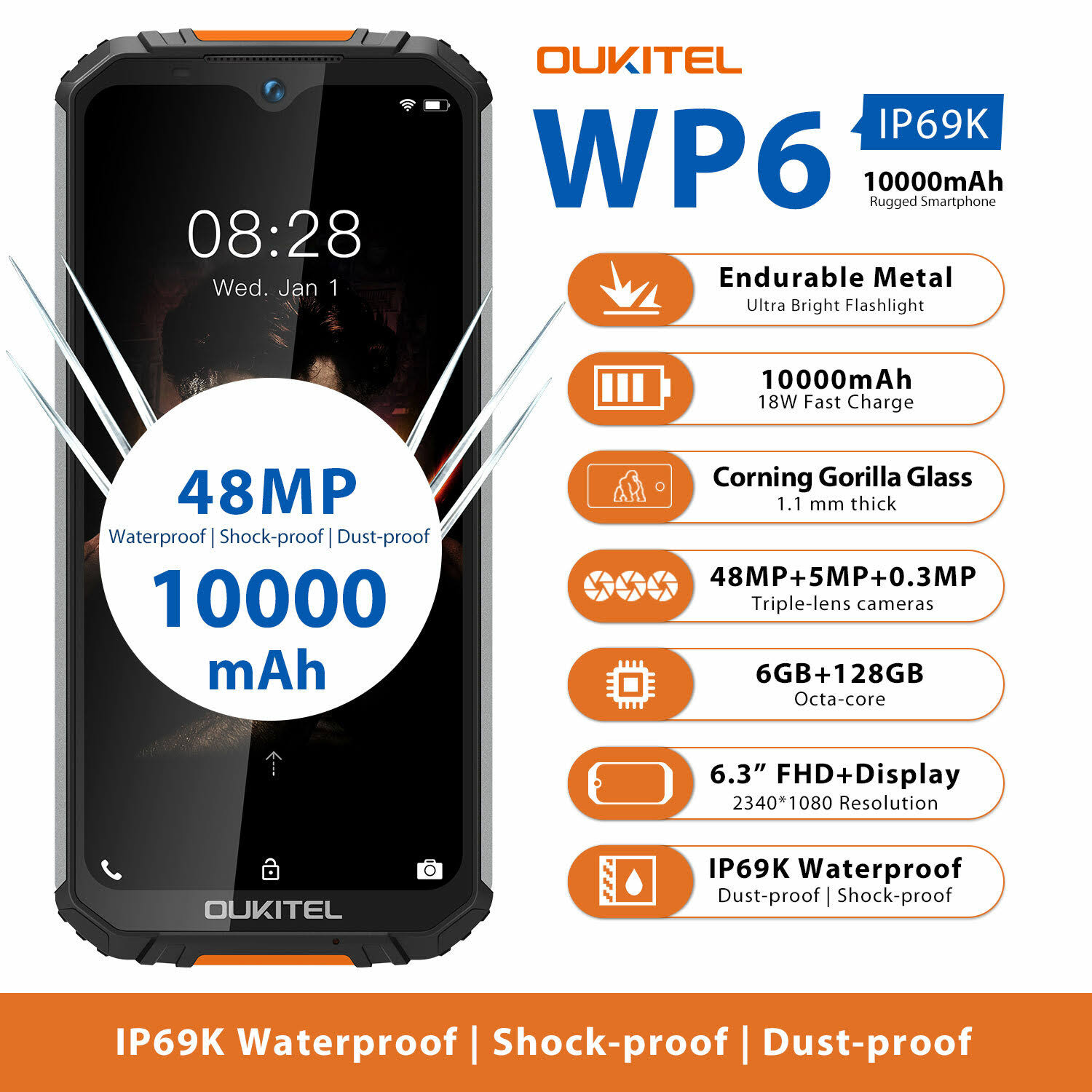 OUKITEL OUKITEL WP6 Global Version 6.3 inch Fhd+ IP68 Waterproof 10000mAh 48MP Triple Rear Camera 6GB 128GB Helio P70 4G Smartph