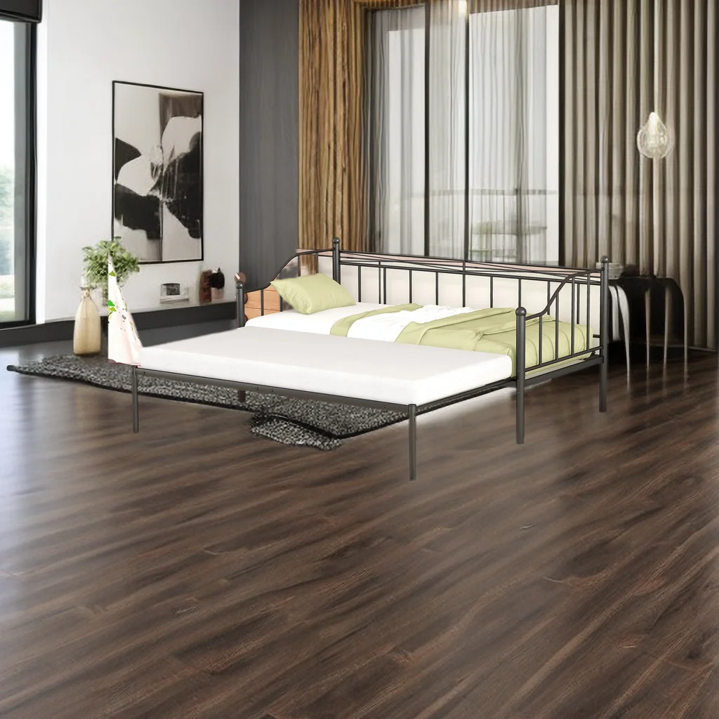 Metal Daybed with Trundle, Twin Size Daybed Frame with Heavy Duty Slats, Modern Space Saving Sofa Bed for Bedroom Living Room
