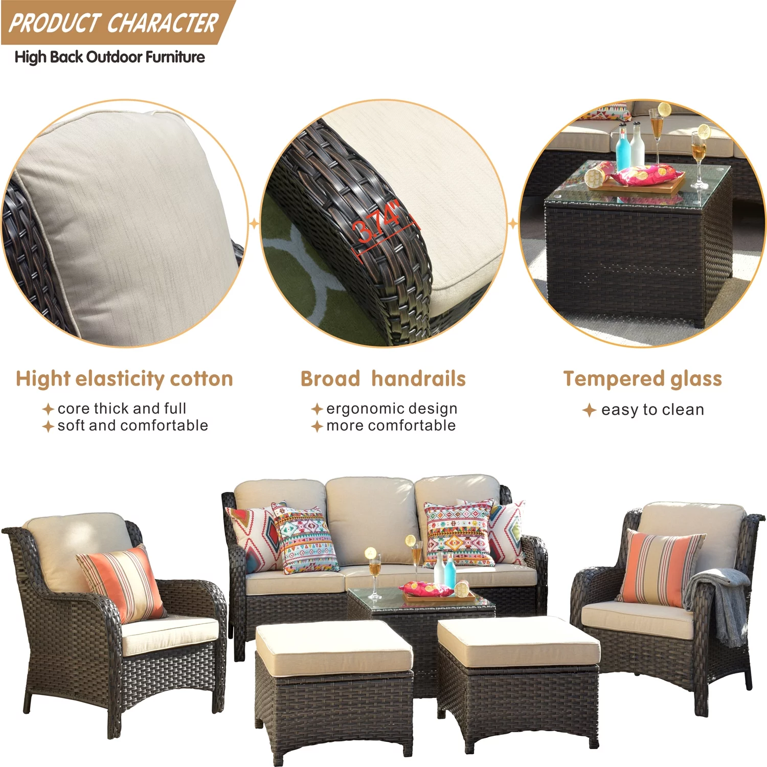 Ovios 6 Pieces Outdoor Patio Furniture Wicker Conversation Set Sectional Couch with Cushions & Glass Table