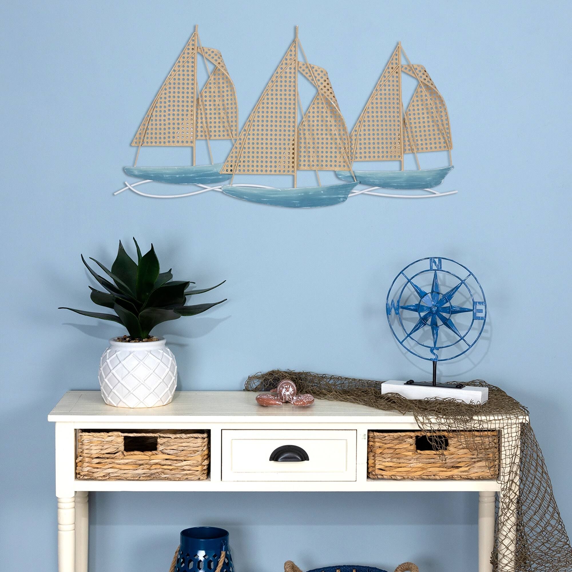 Stratton Home Decor Coastal Cane Webb Sailboats Centerpiece Wall Decor - 37.00 x 2.00 x 19.70
