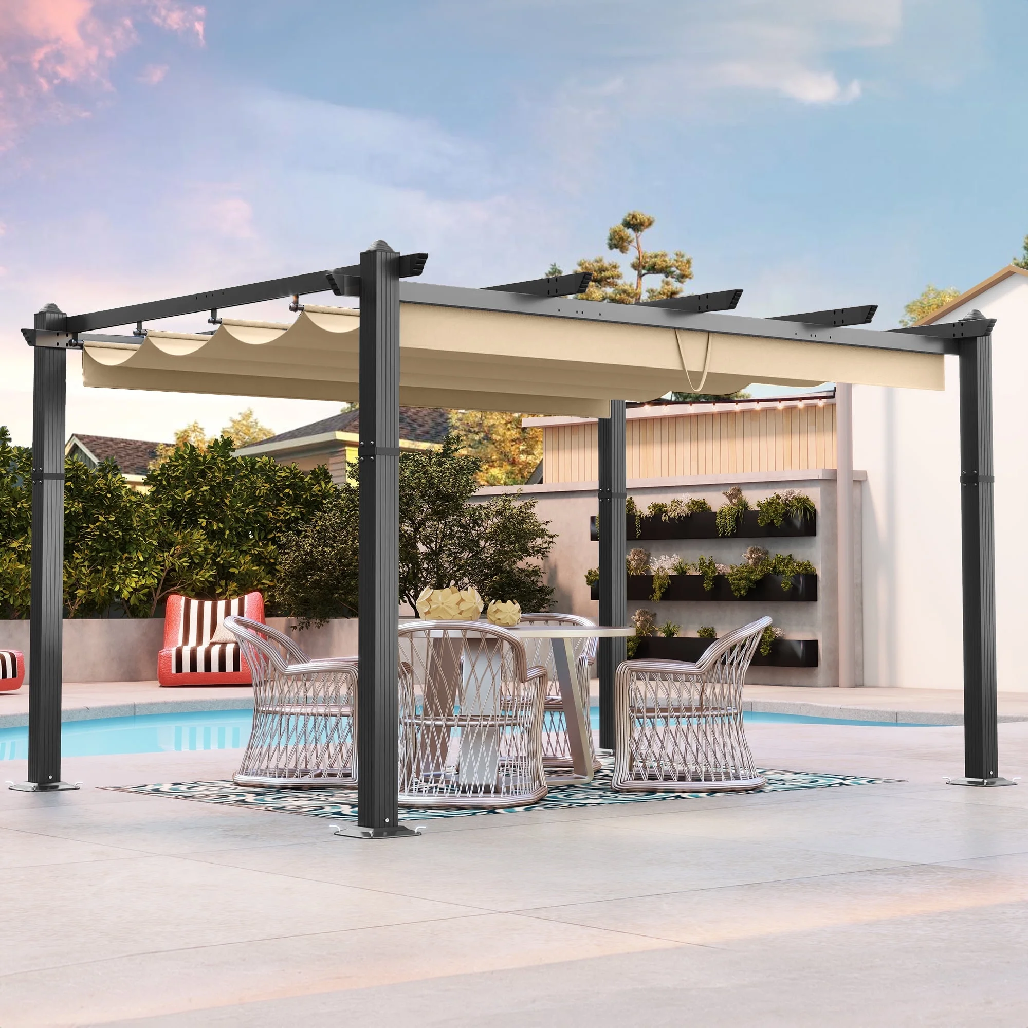 Dextrus 10x13ft Outdoor Aluminum Pergola, Retractable Pergola Canopy Shelter Grape Trellis With Sunshade,Brown Curtain - Curated Treasures Market