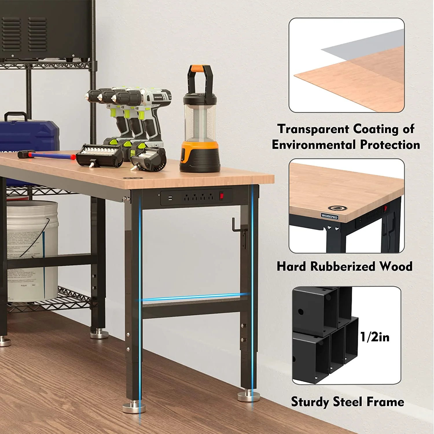 WORKPRO 60" Adjustable Workbench, Rubber Wood Top Heavy-Duty Workstation, 2000 LBS Load Capacity Hardwood Worktable with Power Outlets, for Workshop