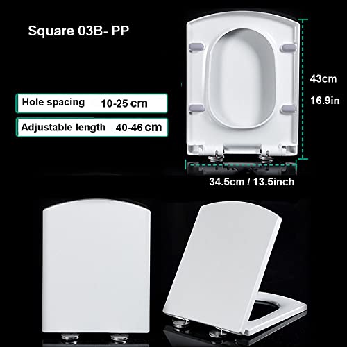 Soft Close Toilet Seat, Toilet seat, Square with Easy Quick Release Top Fix Adjustable Hinges, Square Toilet Lid Slow Close, White,03A