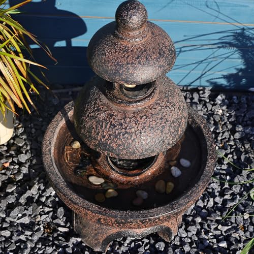Outdoor Garden Water Fountain - Modern Tranquil Zen Pagoda Waterfalls Fountains Bowl with LED Lights & Pump for Patio Yard Porch Pool Decor, Gray
