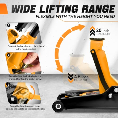 Auto Dynasty 4 Ton Low Profile Floor Jack, Heavy Duty Steel Hydraulic Car Jack with Dual Pistons Quick Lift Pump, Hydraulic Racing Floor Jack