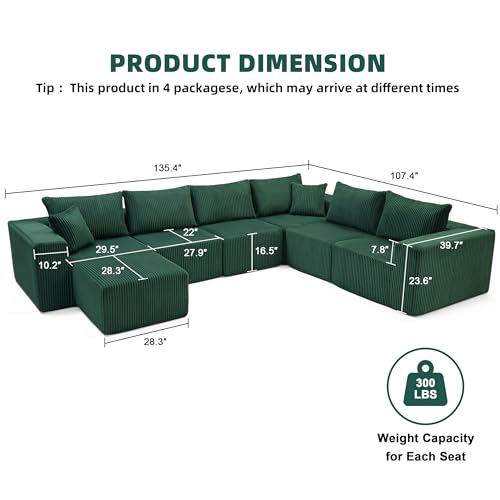 107.4" Cloud Couch Sectional, Modular Sofa with Deep Seat, Plush Corduroy L Shaped Boneless Couch, Convertible Sectional Couches for Living Room