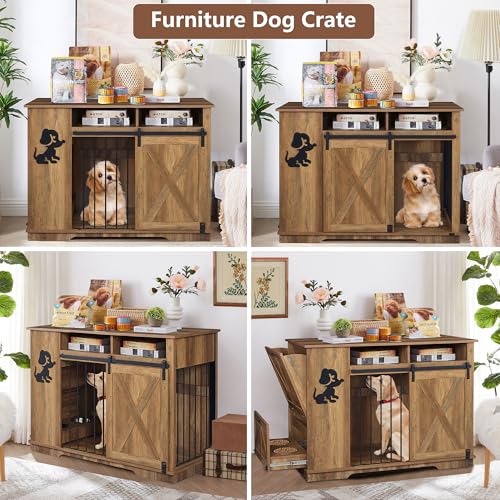 Aoowow Large Double Dog Crate Furniture 72.4" Indoor Dog Kennel with Sliding Barn Door and Divider