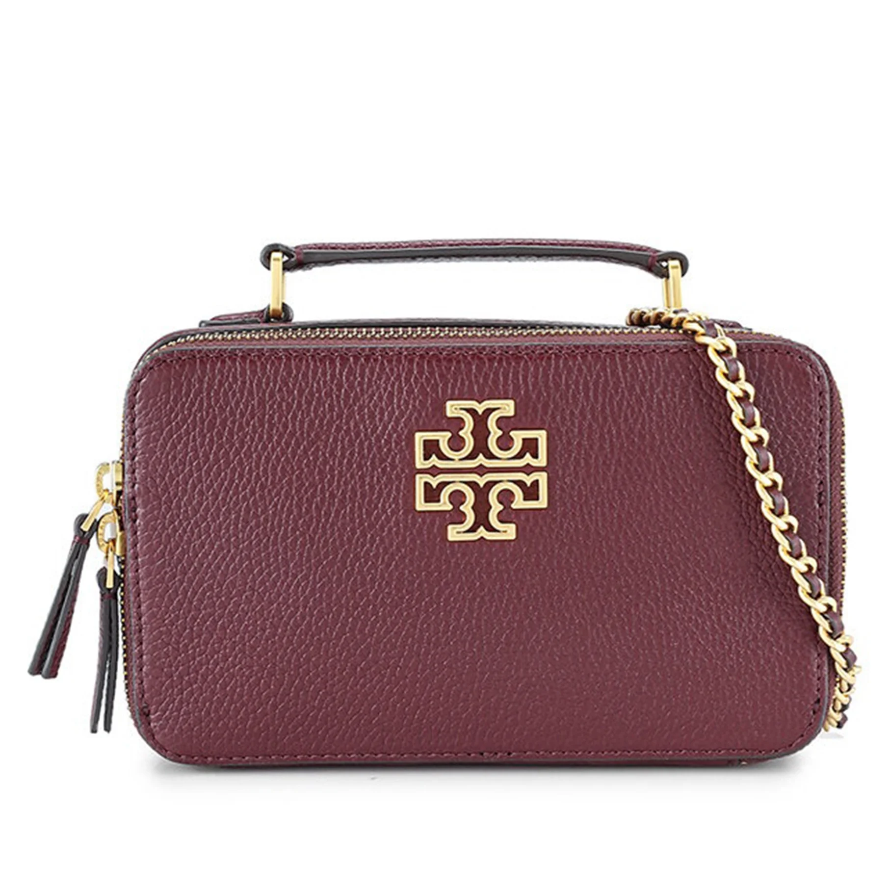 Tory Burch Britten Pebbled Leather Small Top Handle Crossbody Bag (Claret)