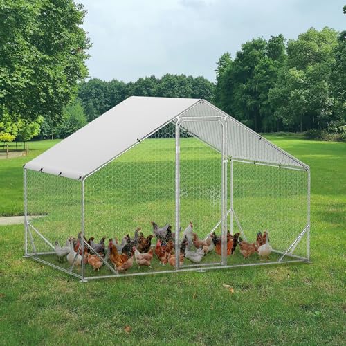 Heavy Duty Walk-in Chicken Coop, Large Metal Poultry Cage with Waterproof UV Cover & Round Top Design
