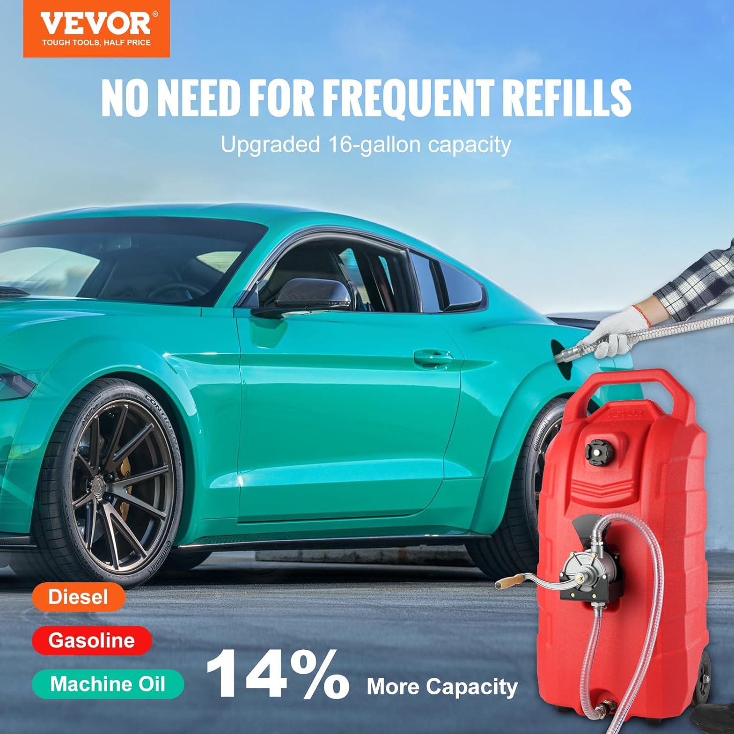 VEVOR 16 Gallon Fuel Caddy, 7.8 L/min, Portable Gas Storage Tank Container with Hand Pump Rubber Wheels