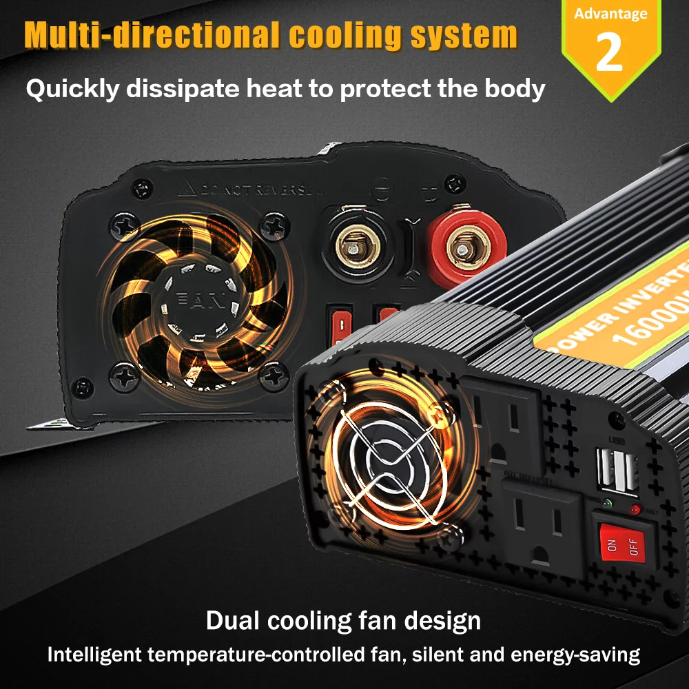 Modified Sine Inverter High Frequency 16000W Peak Power Watt Power Inverter DC to AC Converter Car Power Inverter with 2.1A Dual USB Port
