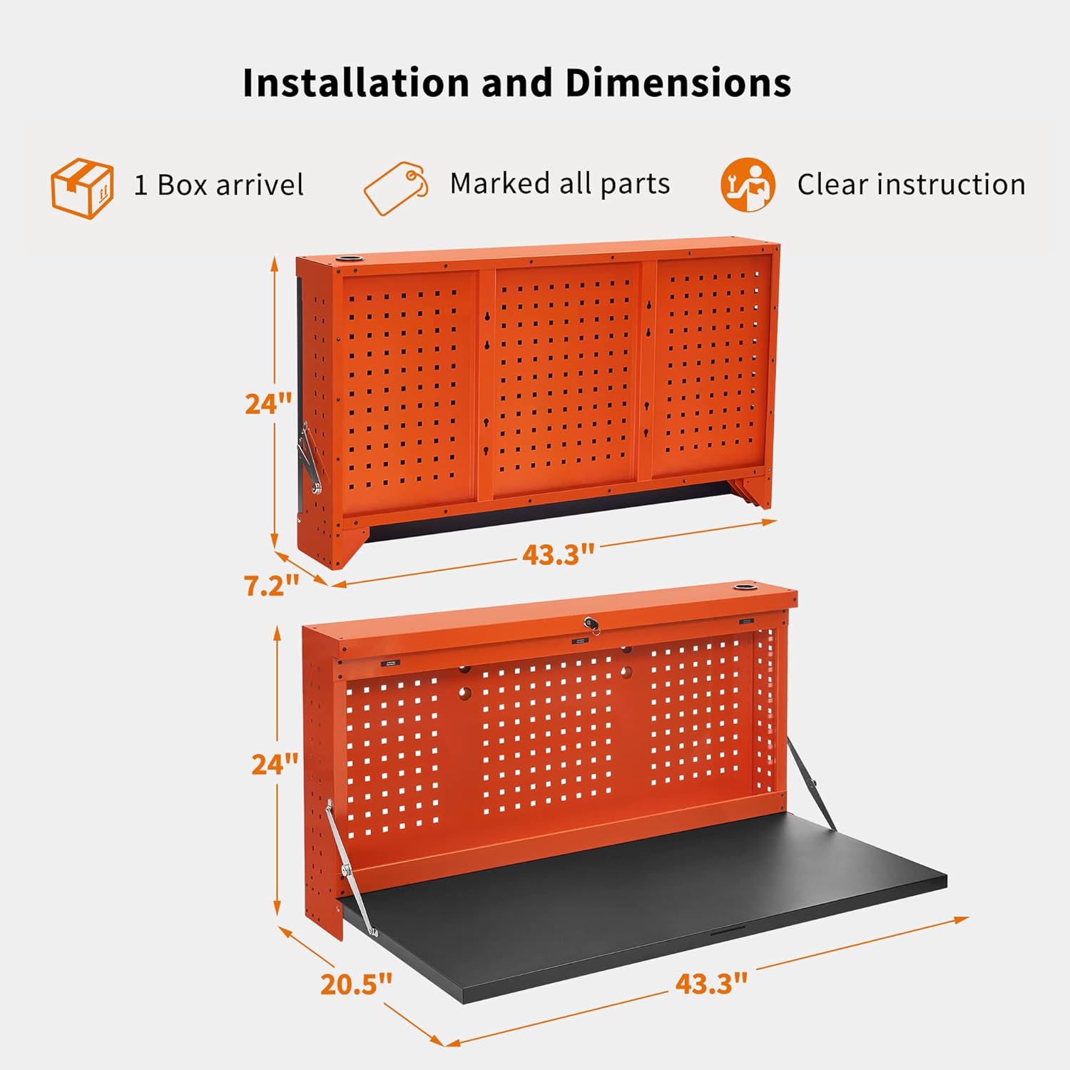 MCombo Metal Wall Mounted Workbench for Garage, Folding Worktable with Pegboards