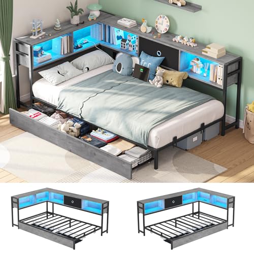 Hasuit Corner Bed Frame with Storage Bookcase, Twin Daybed with Storage Drawers Underneath, Kids Bed Unit with Charging Station and LED Light