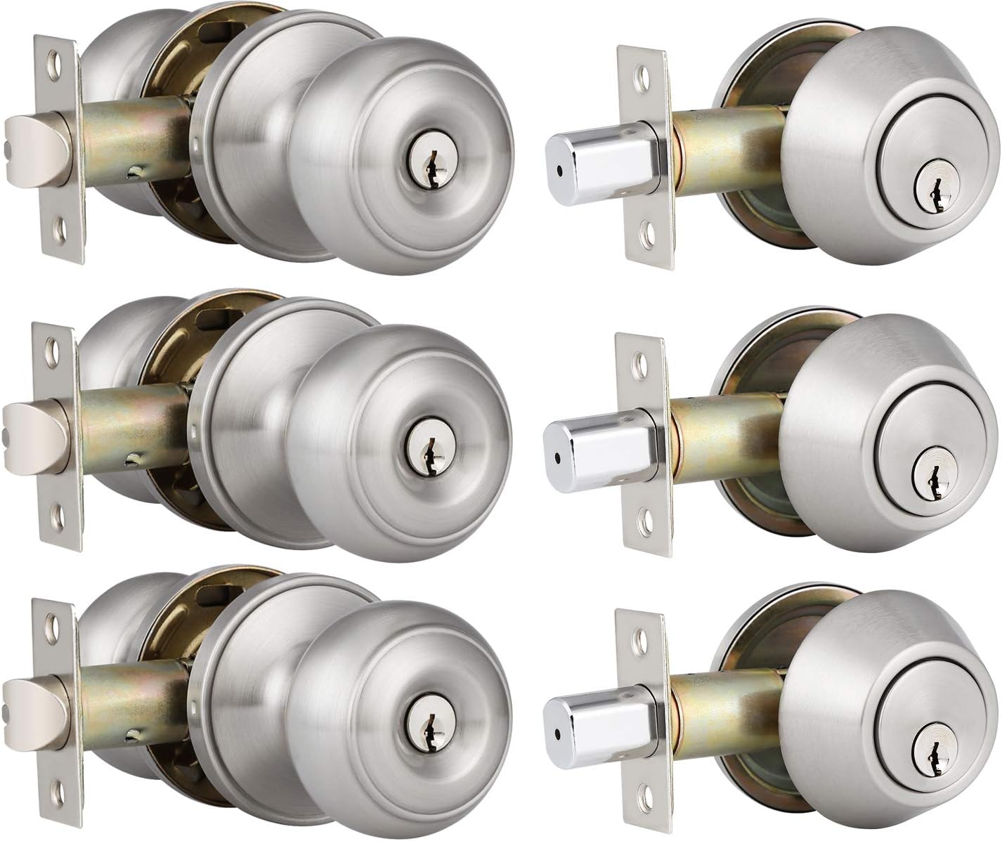 3 Pack Entry Door Knob and Single Cylinder Deadbolt Combo Pack in Satin Nickel, Keyed Alike Exterior Door Lock Set with Deadbolt