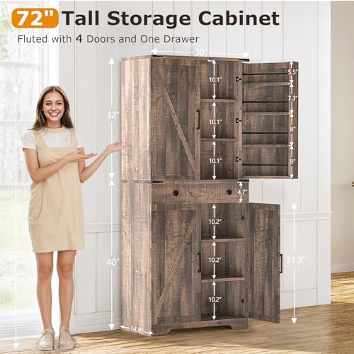 72" Tall Farmhouse Kitchen Pantry Cabinet, Large Storage Cabinet with 6 Adjustable Shelves, 4 Barn Doors & Drawer for Bathroom, Dining Room, Brown