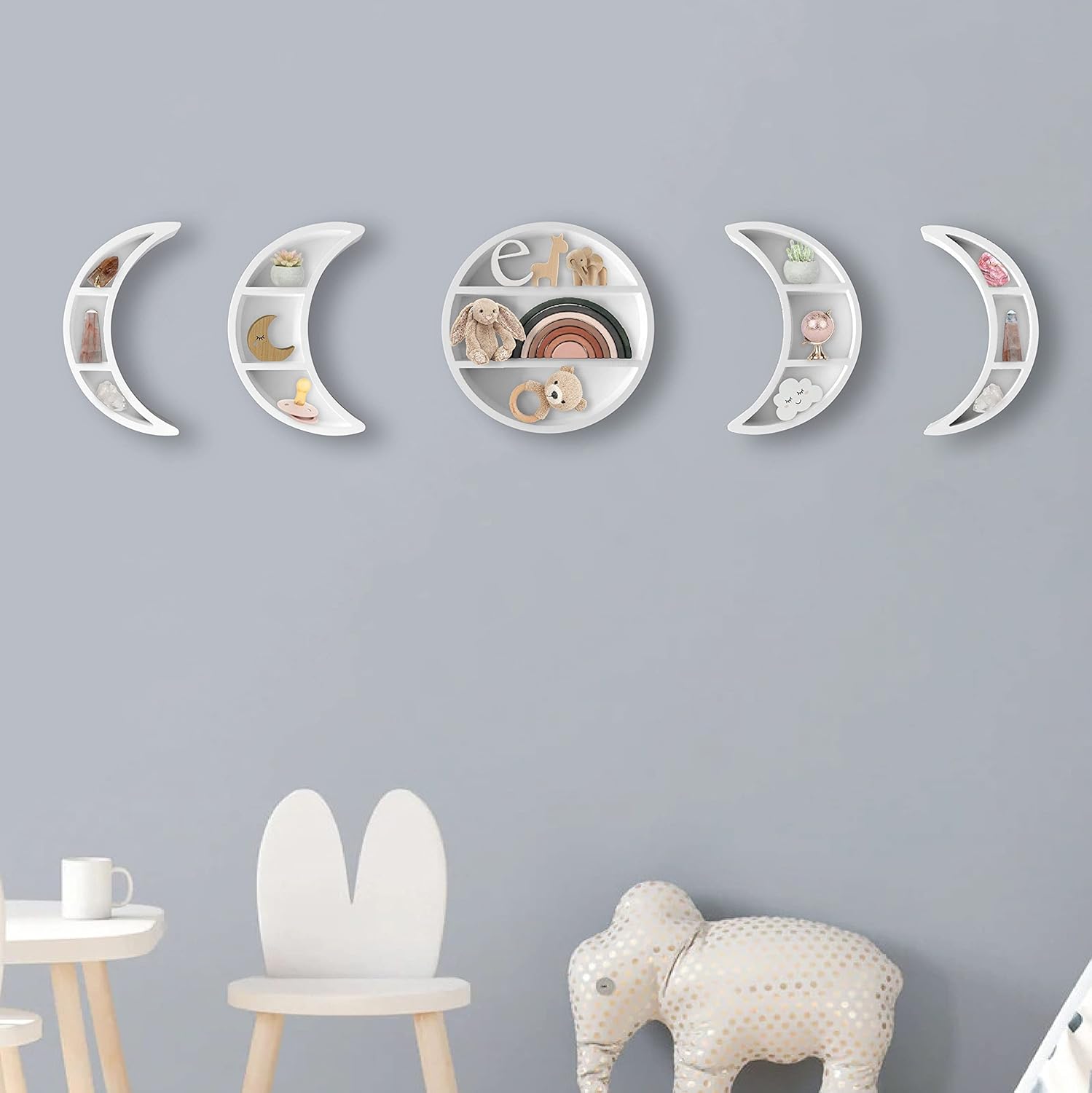 5 Pieces Moon Phase Shelf Set - Phases of The Moon Wall Decor - Crescent White Moon Shelf for Crystals