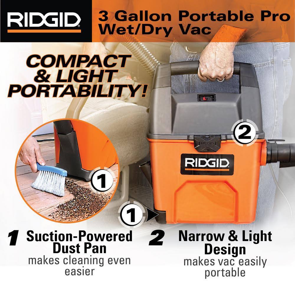 Ridgid 3 gal. 3.5-Peak HP Portable Pro Wet Dry VAC with Bonus LED Car Nozzle