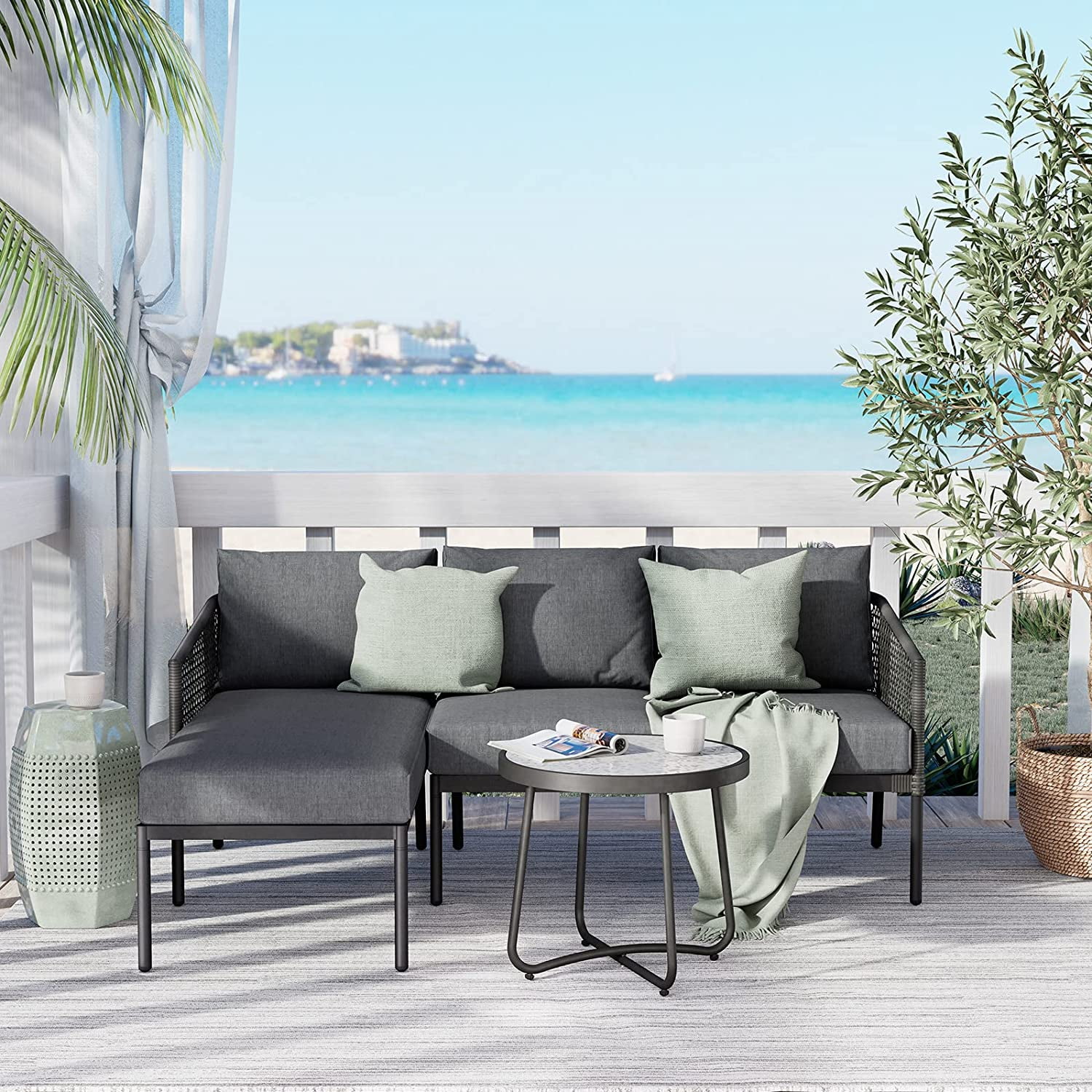 Grand Patio 3-Piece Patio Furniture Small Sectional Sofa Set All-Weather Wicker Conversation Set for Outdoor Garden Backyard with Cushions