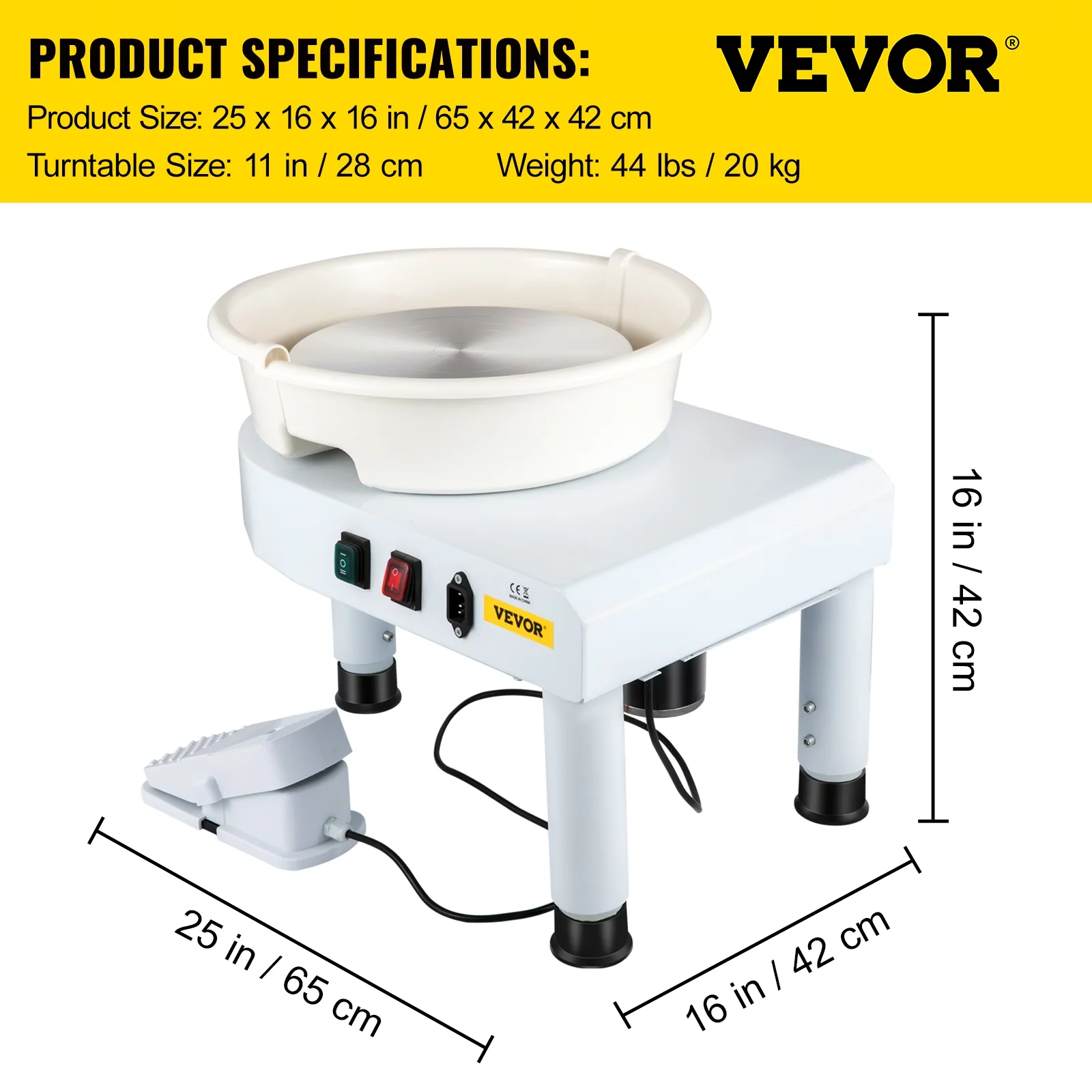 VEVOR Pottery Wheel, 11in Ceramic Wheel Forming Machine, 0-300RPM Speed Manual Adjustable 0-7.8in Lift Leg, Foot Pedal Detachable Basin