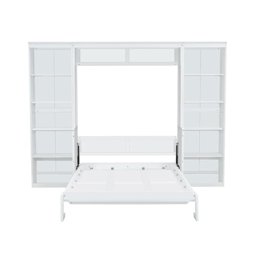 Queen Size Murphy Bed Wall Cabinet with 2 Wardrobe and Storage Shelf, Wooden Murphy Cube Wall Bed