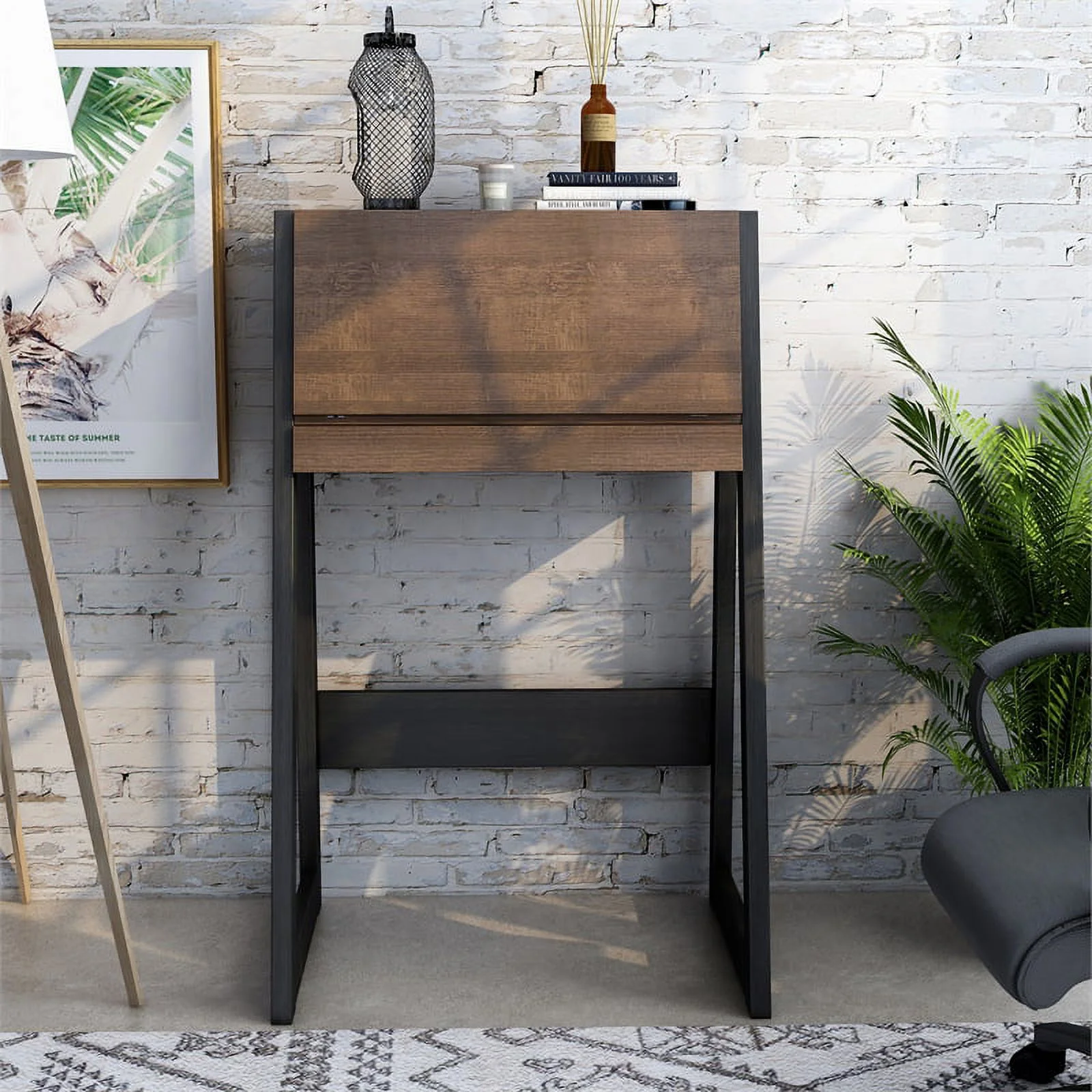 Urbanpro Modern Wood Secretary Desk in Walnut Oak Brown/Black