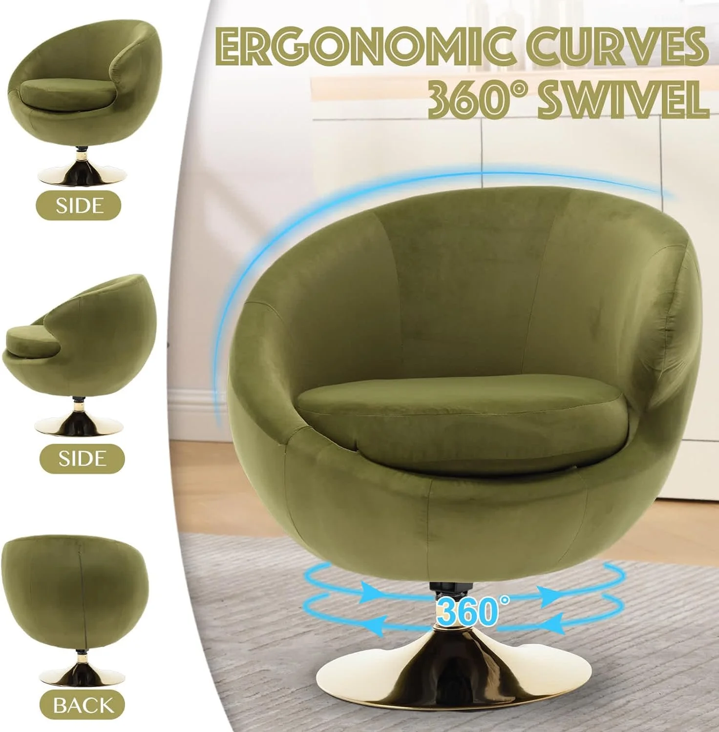 Modern Swivel Barrel Chair, Green Velvet Round Accent Chair, 360 Swivel Cuddle Vanity Chair, Upholstered Arm Chair for Living Room, Bedroom, Hotel
