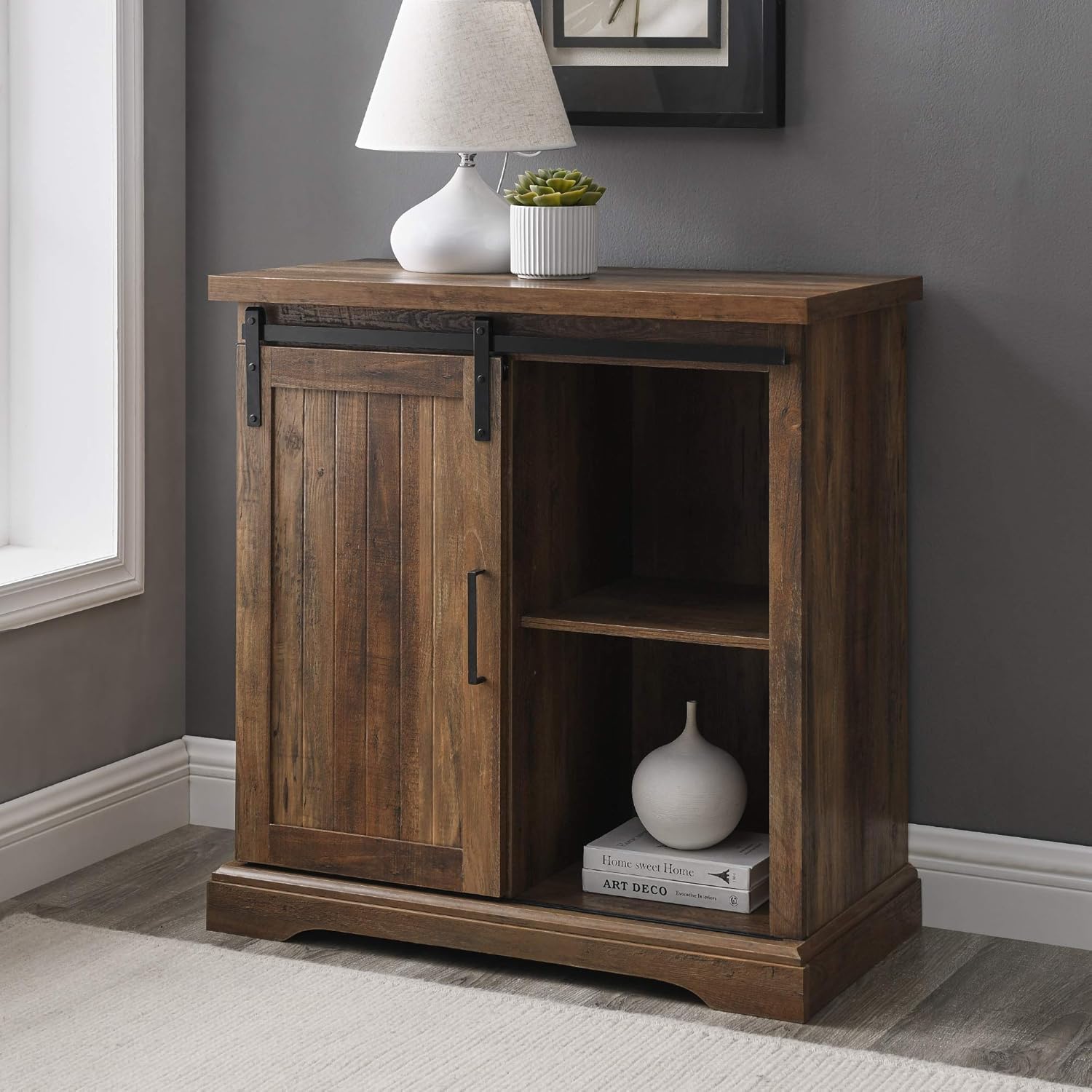 Walker Edison Beaumont Modern Farmhouse Sliding Slat Door Storage Cabinet, 32 Inch, Grey Wash