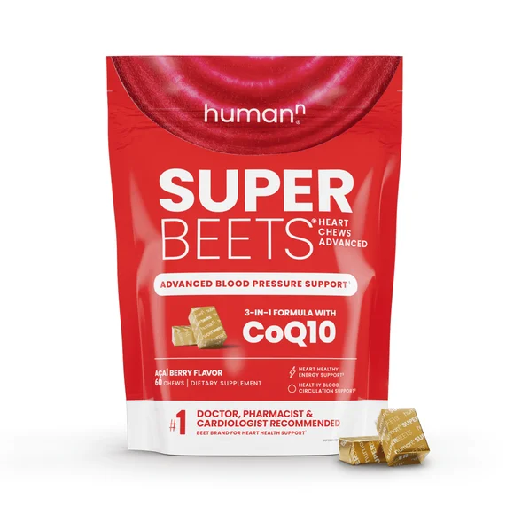 HumanN SuperBeets Heart Chews Advanced - 3-in-1 Formula with Beetroot, Grape Seed Extract, & CoQ10, 60 Count - Kansas Nuitrition - HNZSDS