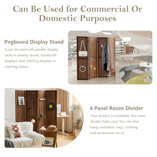4 Panel Room Dividers and Folding Privacy Screens, 5.6Ft Wooden Pegboard Display, Privacy Dividers for Bedroom