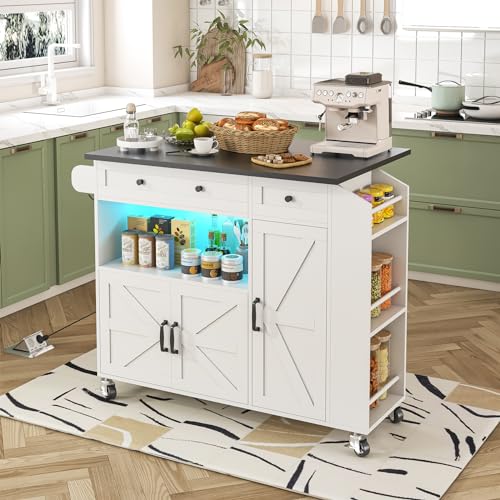 Kitchen Island with Drop Leaf, Rolling kitchen island with power outlet and Led Light, Kitchen Island with Storage Cabinet, Spice Rack, Drawer