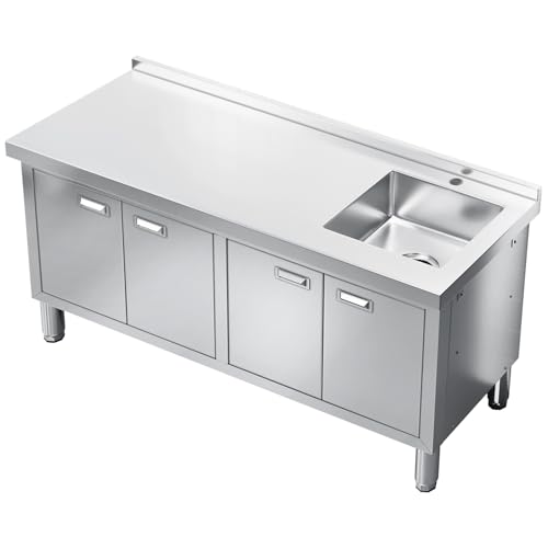 ZZV Freestanding Stainless Steel Sink with Cabinet Heavy Duty Utility Sink Commercial for Kitchen Restaurant Hotel Cafe and Outdoor