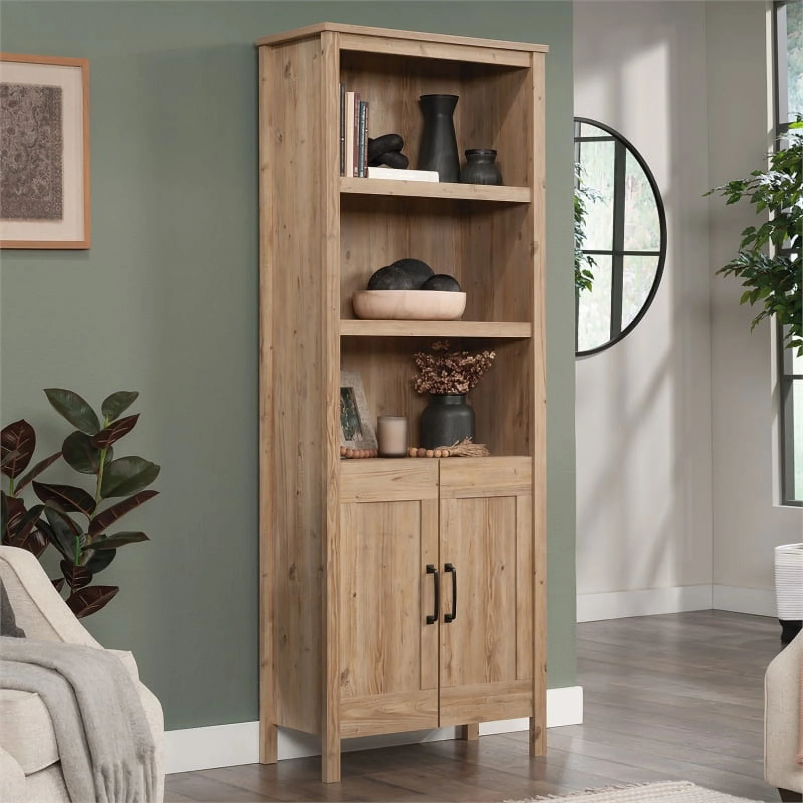 Pemberly Row Engineered Wood Bookcase with Doors in Khaki Pine Finish